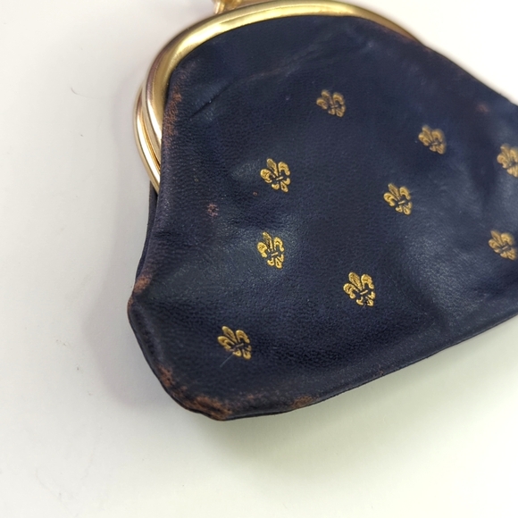 80's Vintage Fleur-De-Lis Embossed Leather Coin Pouch Change Purse Navy Gold - Picture 6 of 8